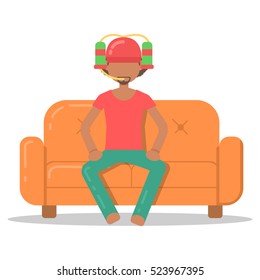 Icon afro man drinking beer on couch in room flat style. Vector logo character on sofa in cartoon style  illustration.