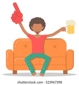 Icon afro man drinking beer on couch in room flat style. Vector logo character on sofa in cartoon style  illustration.