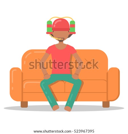 Icon afro man drinking beer on couch in room flat style. Vector logo character on sofa in cartoon style  illustration.