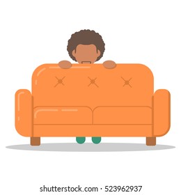 Icon afro man hiding behind on couch in room flat style. Vector logo character on sofa in cartoon style  illustration.