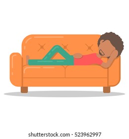 Icon afro man lazy lying on couch in room flat style. Vector logo character on sofa in cartoon style  illustration.