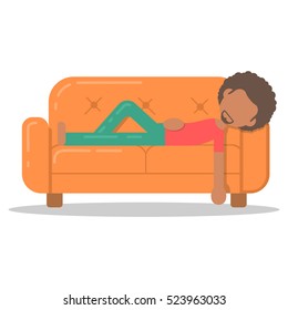 Icon afro man lazy lying on couch in room flat style. Vector logo character on sofa in cartoon style  illustration.
