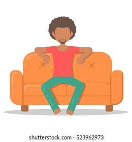 Icon afro man relax on couch in room flat style. Vector logo character on sofa in cartoon style  illustration.