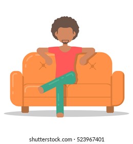 Icon afro man relax on couch in room flat style. Vector logo character on sofa in cartoon style  illustration.