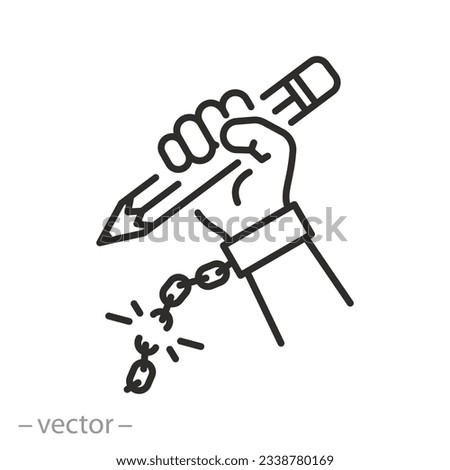 icon of against children working, hand holding a pencil, breaking chain, stop child exploitation and start education, thin line symbol - editable stroke vector illustration