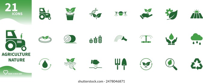 Icono de la agricultura y la naturaleza verde. Conjunto de iconos para tractores, riego, drones agrícolas, campos, árboles