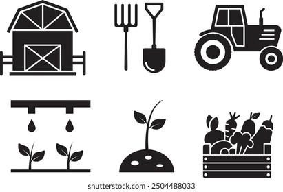 Icon of agriculture and green nature. Set of icons for tractors, watering, fields, trees, Vector illustration