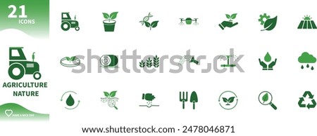 Icon of agriculture and green nature. Set of icons for tractors, watering, agricultural drones, fields, trees