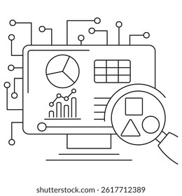 Icon of AI data analysis showing charts, graphs, and magnifying glass on a computer screen. Vector pictogram with thin black lines on transparent background, editable line thickness