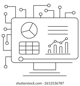 Icon of AI data chart, representing artificial intelligence data analysis and visualization with charts and graphs. Vector pictogram with thin black lines on a transparent. Editable line thickness