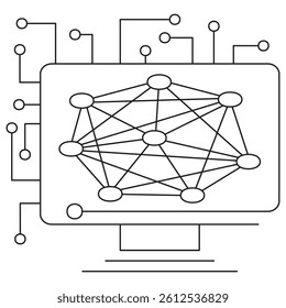 Icon of AI data sets, representing artificial intelligence, neural networks, and interconnected data nodes. Vector pictogram with thin black lines on a transparent background. Editable line thickness