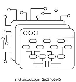 Icon of AI decision tree with layered screens and branching diagram structure. Vector clipart with thin black lines on a transparent background, editable line thickness
