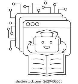 Icon of AI learning system with chatbot character in graduation cap, open book, and layered screens. Vector clipart with thin black lines on a transparent background, editable line thickness