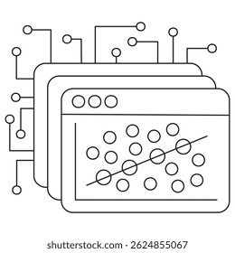 Icon of AI linear regression analysis with layered screens showing scattered dots and a diagonal line. Vector clipart with thin black lines on a transparent background, editable line thickness