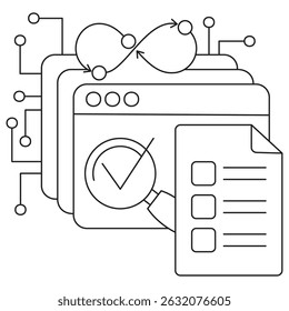 Icon of AI model evaluation with a workflow loop, magnifying glass, checkmark, and checklist document. Vector pictogram with thin black lines on a transparent background, editable line thickness