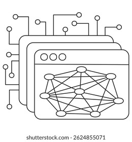 Icon of AI neural network visualization inside stacked web browser windows. Vector pictogram with thin black lines on a transparent background, editable line thickness, clean modern style - Powered by Shutterstock - Get 15% off with code: PIKWIZARD15