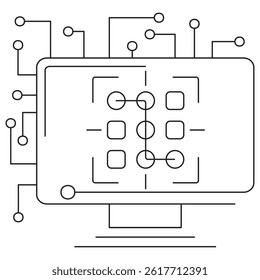 Icon of AI pattern recognition featuring an abstract neural grid and target frame on a computer screen. Vector pictogram with thin black lines on transparent background, editable line thickness