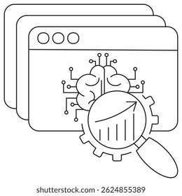 Icon of AI performance evaluation with a brain, magnifying glass, and upward graph on layered screens. Vector clipart with thin black lines on a transparent background, editable line thickness
