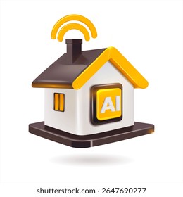 Ícone para AI e design de conceito de casa inteligente, casa encantadora com telhado amarelo em estilo de realismo 3D, design de desenho animado, plástico 3D com destaques brilhantes.