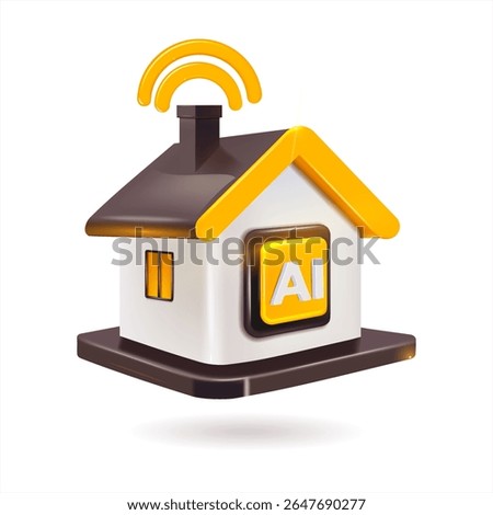 Icon for AI and smart home concept design, charming house with yellow roof in 3D realism style, cartoon design, 3D plastic with glossy highlights.