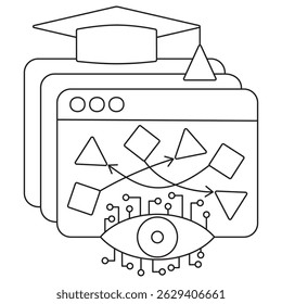 Icon of AI supervised learning with layered screens showing shapes and an eye with circuitry. Vector clipart with thin black lines on a transparent background, editable line thickness