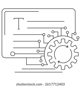 Icon of AI text processing showing a computer screen with text lines, gear, and digital circuits. Vector pictogram with thin black lines on transparent background, editable line thickness
