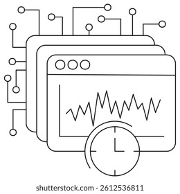 Icon of AI time series analysis, representing data forecasting and predictive analytics. Editable thin black lines on a transparent. Scalable vector illustration with customizable line thickness
