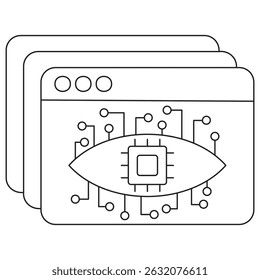 Icon of AI vision processing with layered screens showing an eye with a microchip. Vector clipart with thin black lines on a transparent background, editable line thickness - Powered by Shutterstock - Get 15% off with code: PIKWIZARD15