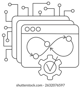 Icon of AI workflow management with layered screens, continuous loop, gear and approval check mark. Vector pictogram with thin black lines on a transparent background, editable line thickness