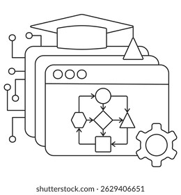 Icon of AI workflow and training process with layered screens, academic cap, flowchart diagram, and gear symbol. Vector pictogram with thin black lines on a transparent, editable line thickness