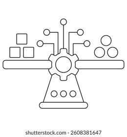 Icon of AI-powered decision-making and data balance, featuring a scale with circuit elements and geometric shapes. Vector pictogram with thin black lines on a transparent. Line thickness is editable
