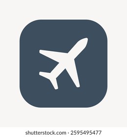 Icon of an airplane in flight. Airplane symbol in a blue square. Airplane icon represents travel and aviation. Simple airplane graphic design. Shape element vector.