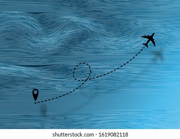 icon airplane line path route. Aircraft route dotted lines. Tourism and travel. Tourist route by plane. Tracks traveler dotted lines with start point. Vector isolated on blue ocean, sea background 