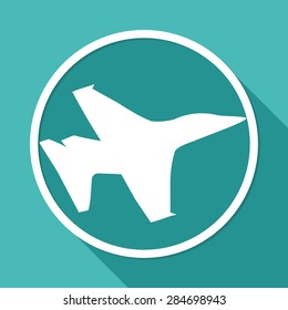 Icon airplane on white circle with a long shadow