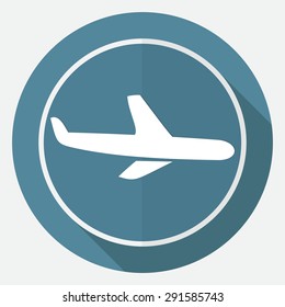 Icon airplane on white circle with a long shadow
