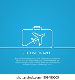 Icon airplane in suitcase. The concept of travel and vacation. Outline minimal image on blue background.