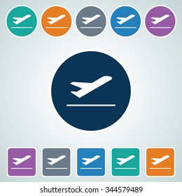 Icon of Airplane Taking Off in Multi Color Circle & Square Shape. Eps-10.