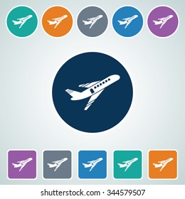Icon of Airplane Taking Off in Multi Color Circle & Square Shape. Eps-10.