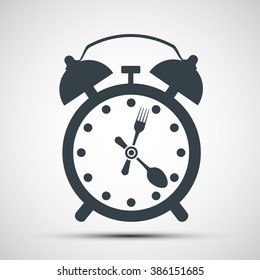Icon alarm clock with a fork and spoon. Stock vector illustration.