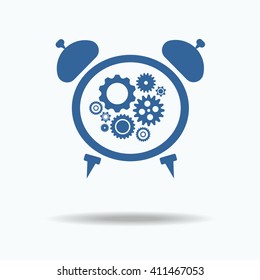 Icon alarm clock with gears inside. Vintage clock. flat design. Vector.