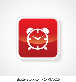 Icon of Alarm Clock on Red Glossy Button. Eps-10.