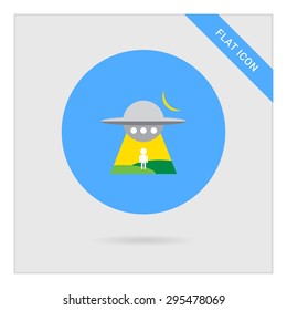Icon of alien spaceship abducting man's silhouette at night