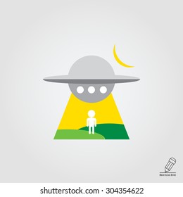 Icon of alien spaceship abducting man's silhouette at night