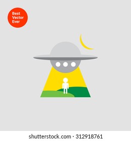 Icon of alien spaceship abducting man's silhouette at night
