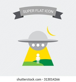 Icon of alien spaceship abducting man's silhouette at night