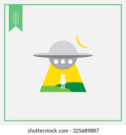 Icon of alien spaceship abducting man's silhouette at night