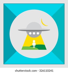 Icon of alien spaceship abducting man's silhouette at night