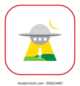 Icon of alien spaceship abducting man's silhouette at night