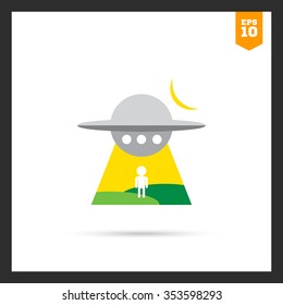 Icon of alien spaceship abducting man's silhouette at night