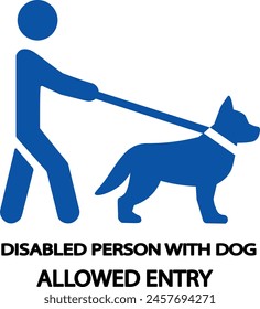 Icono de entrada permitida para una persona discapacitada con un perro o con un perro de servicio icono azul oscuro silueta de una persona con un perro con una correa en un Vector de fondo blanco